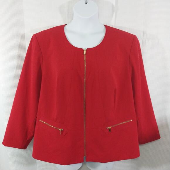 CALVIN KLEIN! RICH RUBY RED, GOLD HARDWARE, ZIPPER FRONT JACKET, BLAZER! SZ 24W - Picture 2 of 9